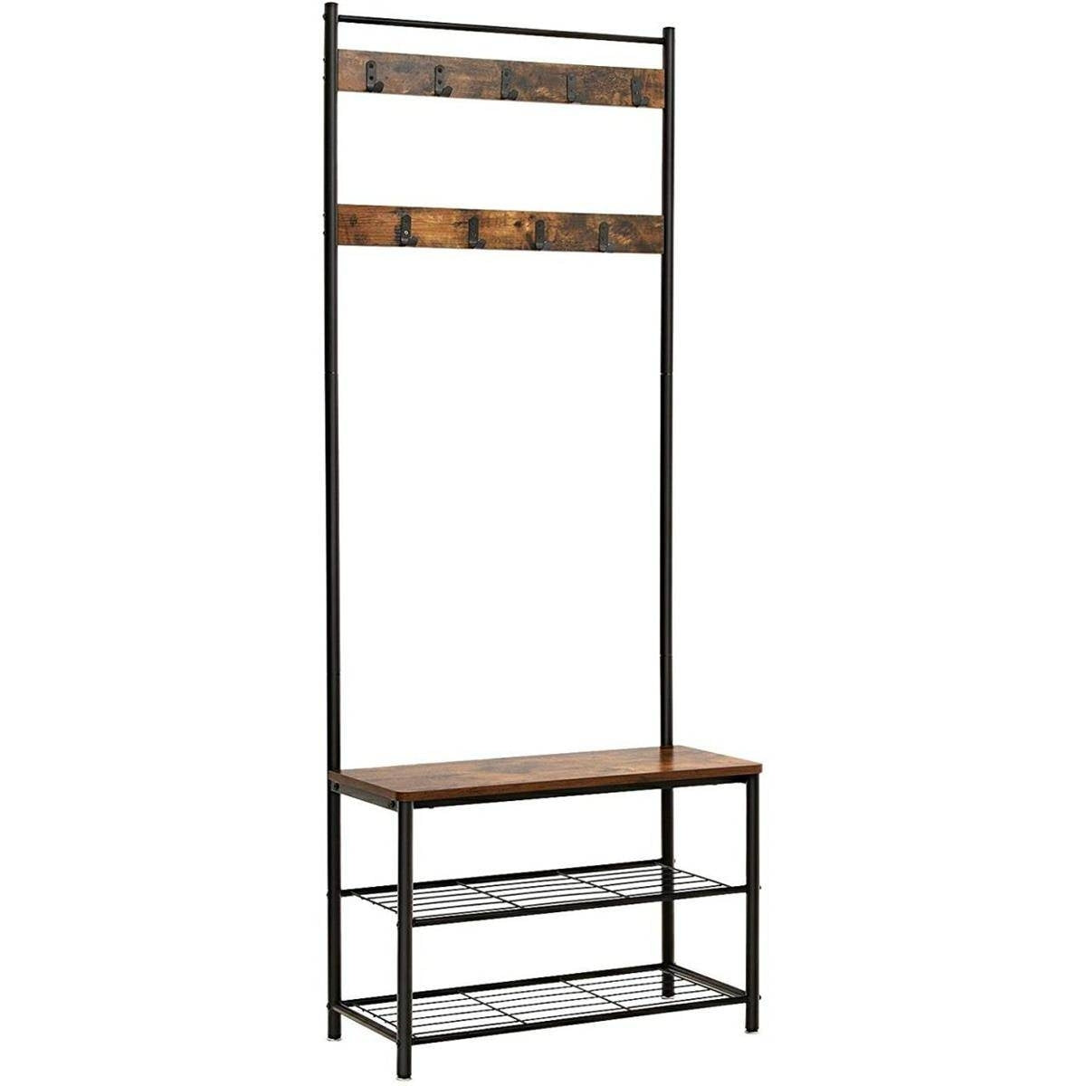 Előszoba fogas polccal, akasztókkal, cipőtartóval és ülőkével, rusztikus barna 70x32x175cm-0