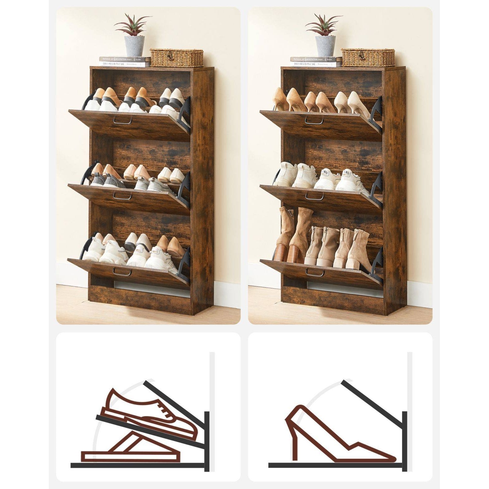 Cipőtároló szekrény 3 ajtóval, rusztikus barna 60x24x120cm-5