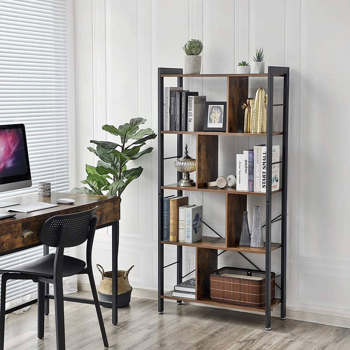 Könyvespolc, tárolópolc, rusztikus barna 154x74x30cm-6