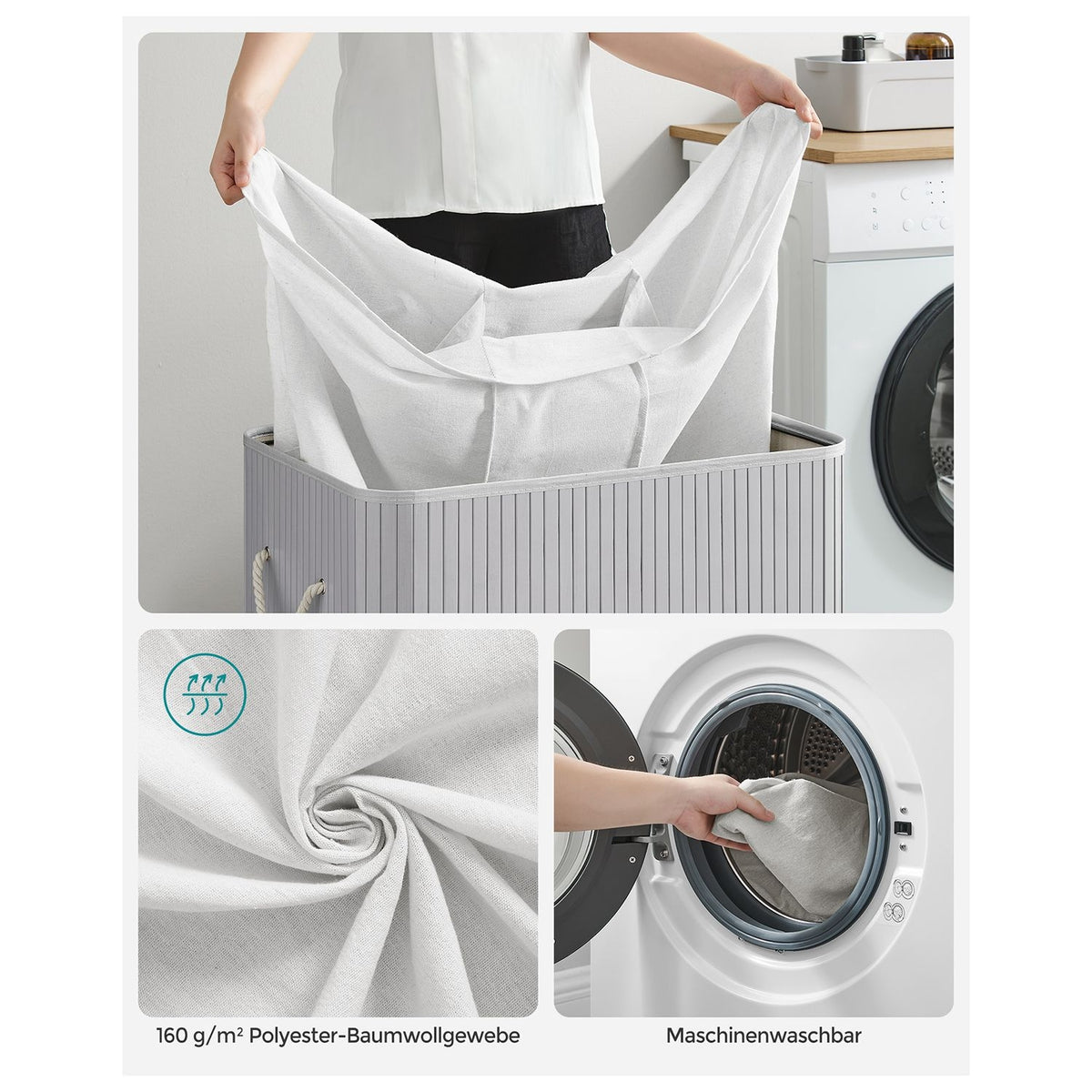 Bambusz kosár szennyestartó 3 rekeszes 3x50L, szürke-3