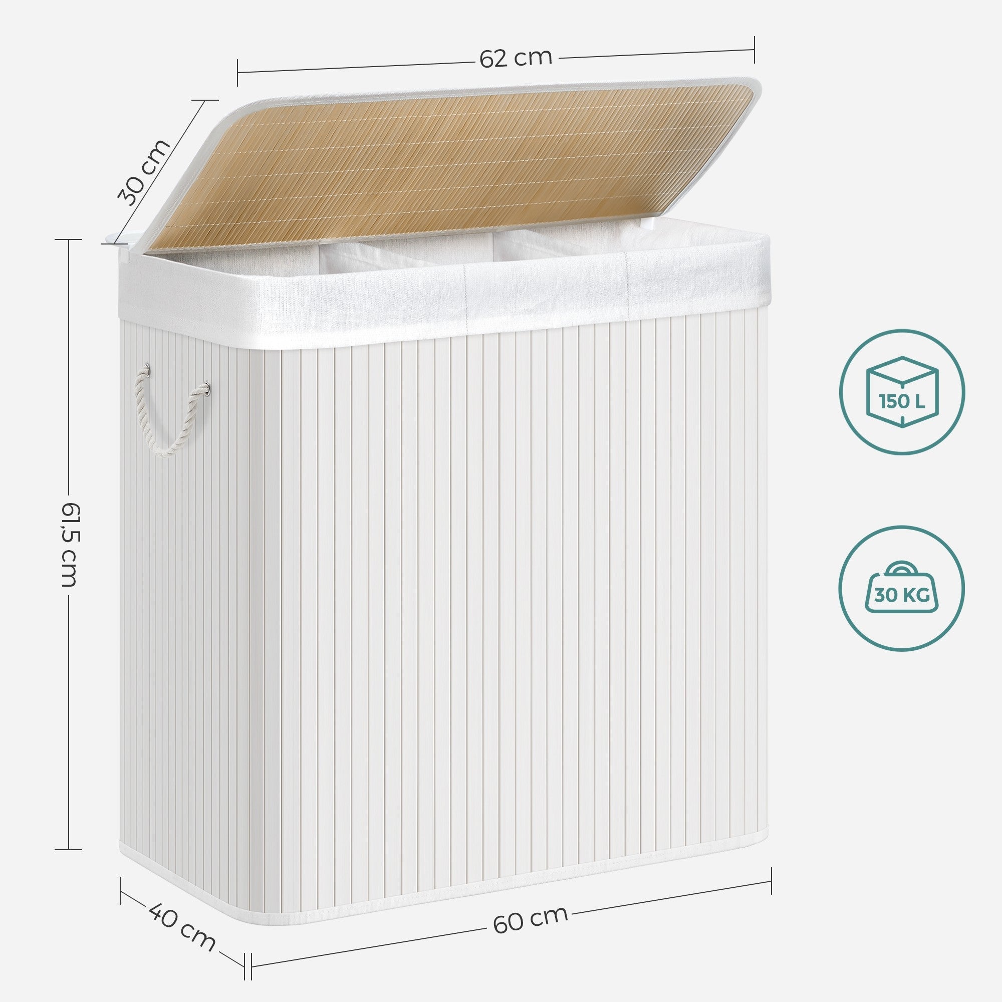 Bambusz kosár szennyestartó 3 rekeszes 3x50L, fehér-2