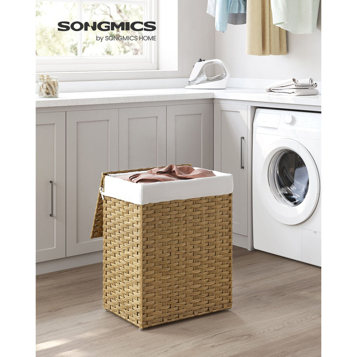 Kézzel fonott rattan szennyeskosár, összecsukható, kivehető zsákkal 90L, sárga-1