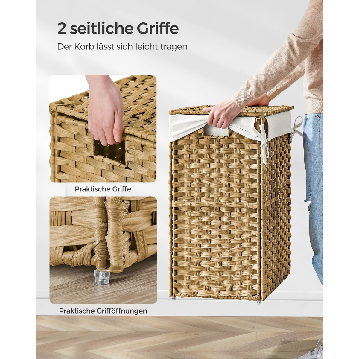 Kézzel fonott rattan szennyeskosár, összecsukható, kivehető zsákkal 90L, sárga-3
