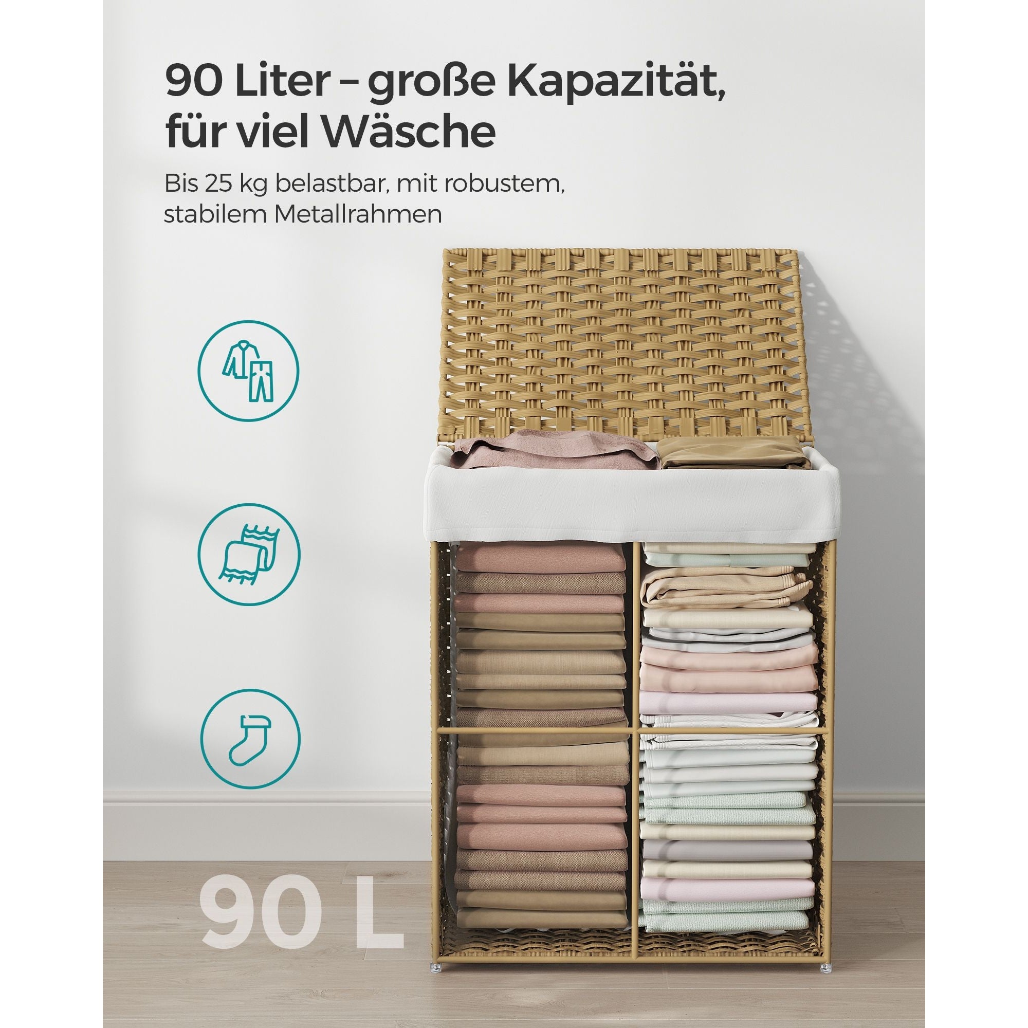 Kézzel fonott rattan szennyeskosár, összecsukható, kivehető zsákkal 90L, sárga-4