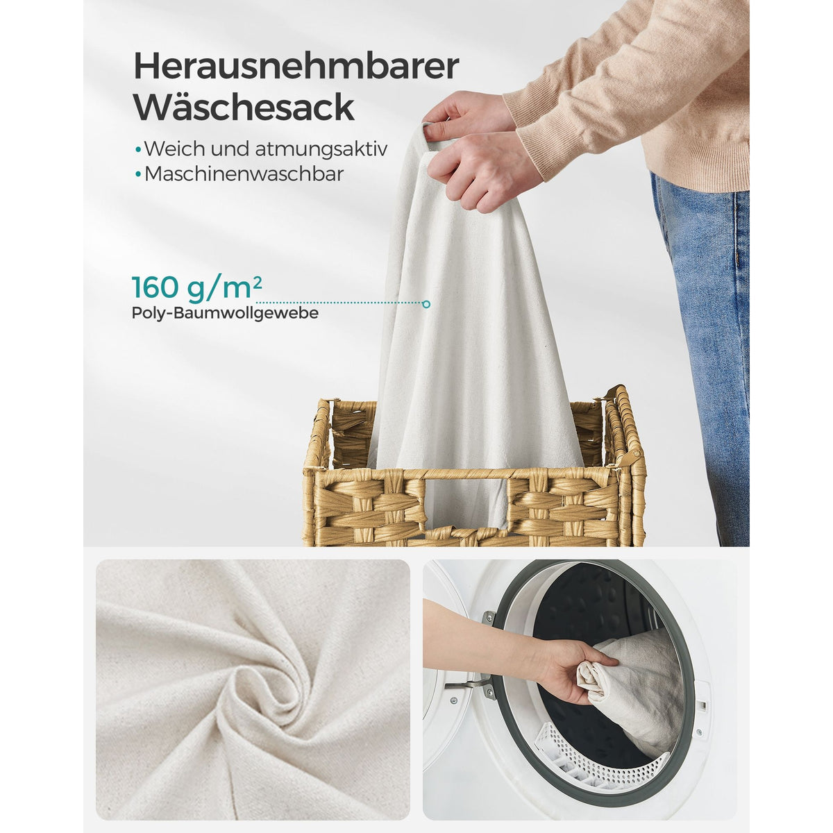 Kézzel fonott rattan szennyeskosár, összecsukható, kivehető zsákkal 90L, sárga-5