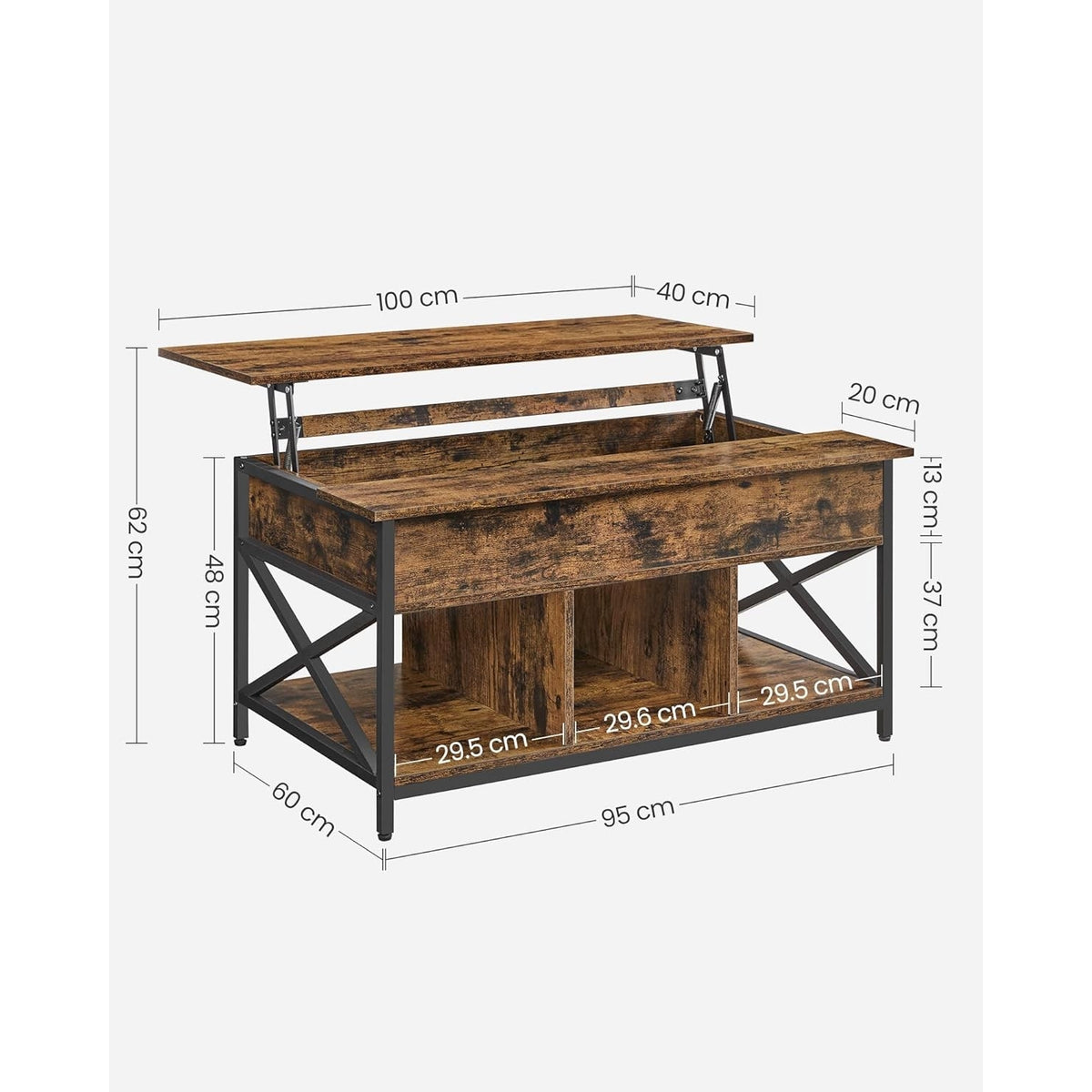 Dohányzóasztal, emelhető asztallappal, rejtett tárolóval, rusztikus barna, 60x100x(48-62) cm-2