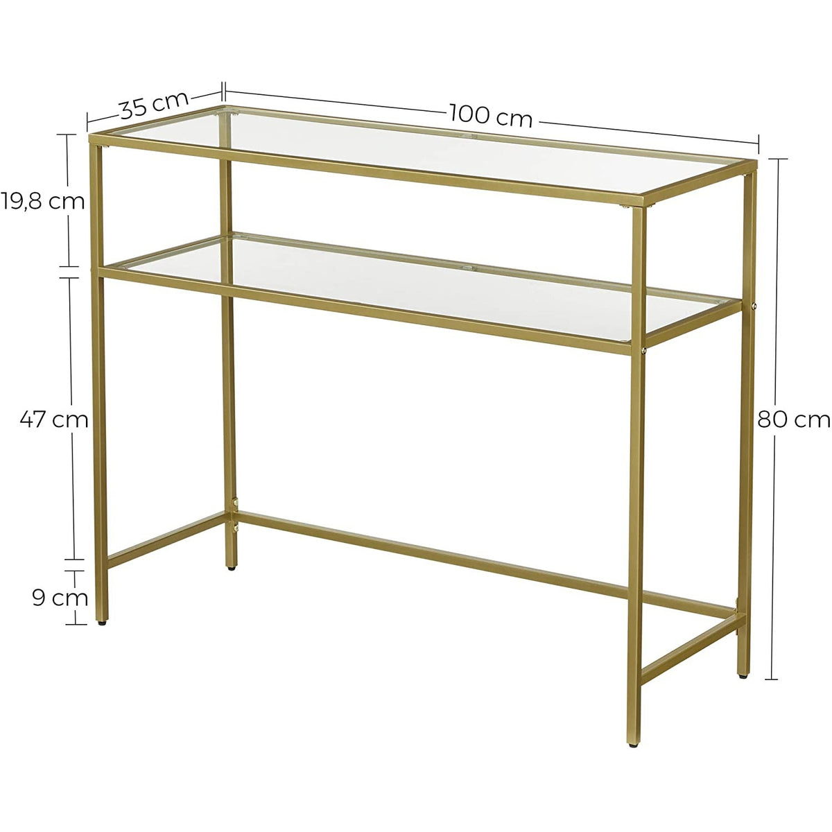 Konzolasztal egy alsó polccal edzett üveglappal, arany 100x35x80cm-1