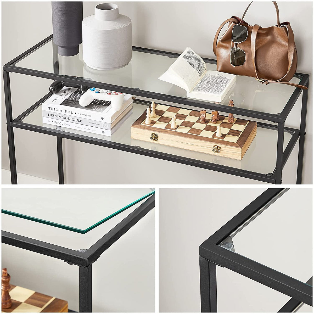 Konzolasztal polcokkal edzett üveglappal, fekete 100x80x35cm-7