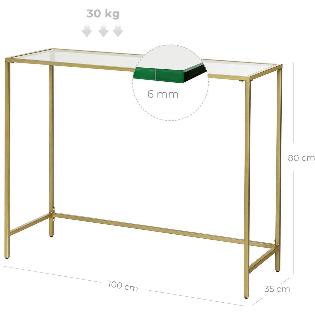 Konzolasztal fém vázzal edzett üveglappal, arany 100x35x80cm-2