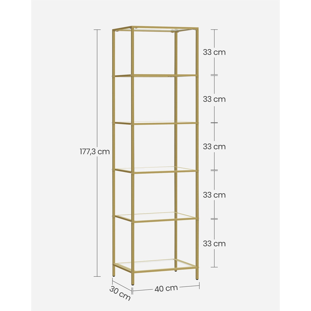 Fém tároló állvány üvegpolcokkal, 6 szintes, arany 40x30x177cm-2
