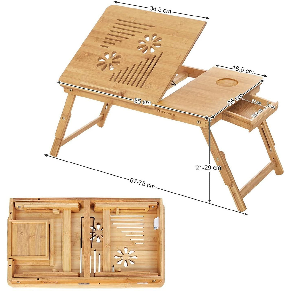 Bambusz laptop asztal szellőző lyukakkal, állítható magasság 55x35cm-2