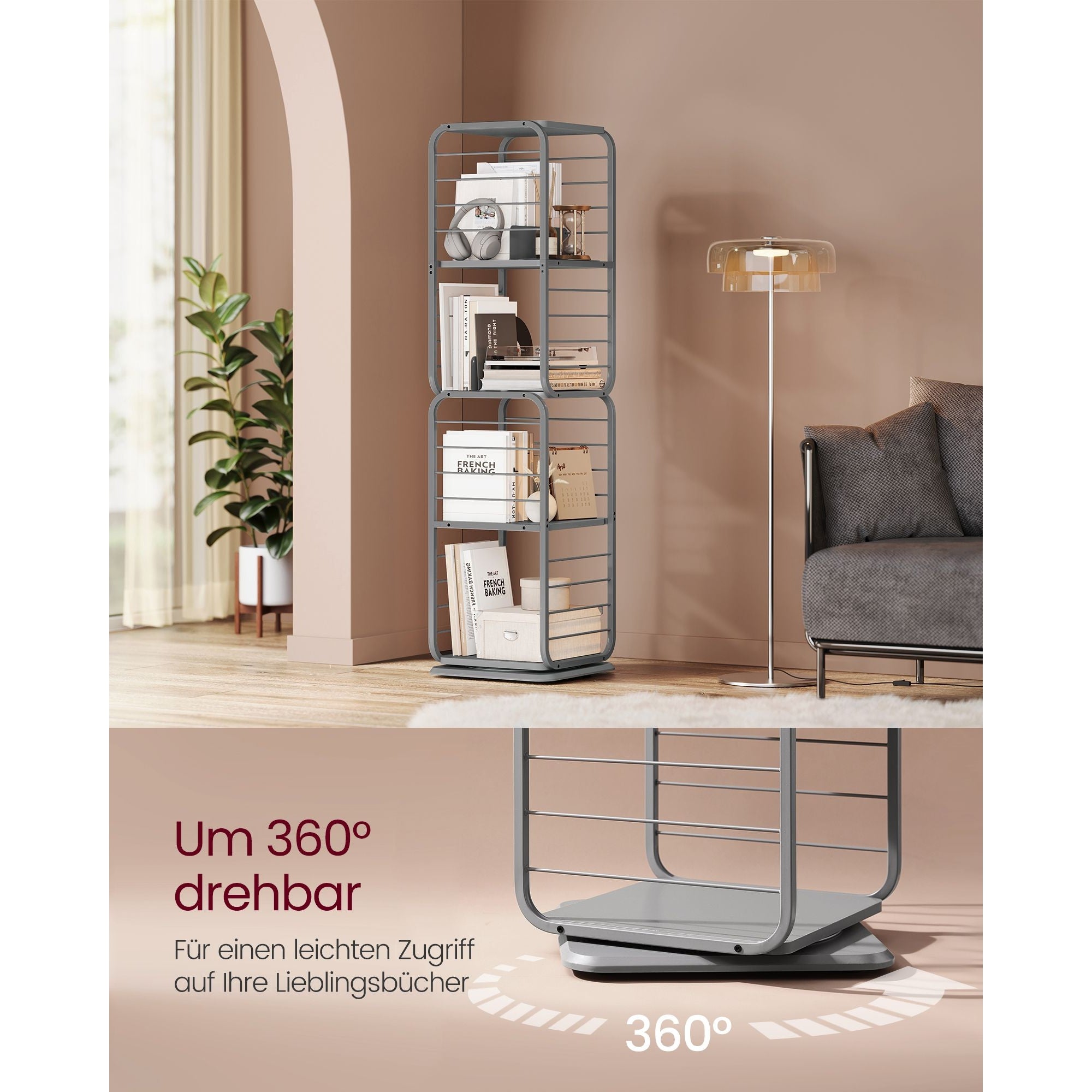 Könyvespolc, 360°-ban forgatható acél polc, 4 szintes, 43x43x158cm-2