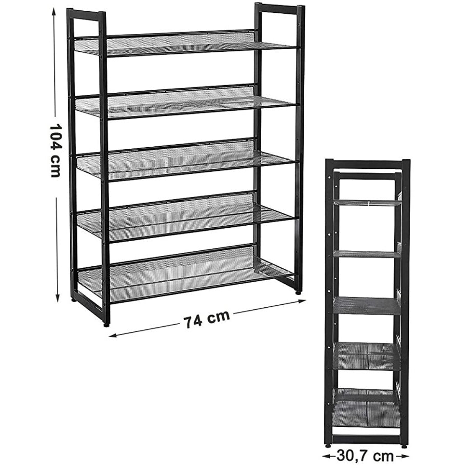 Cipőtartó polc 5 szintes fém háló polcokkal, fekete 74x30x104cm-2