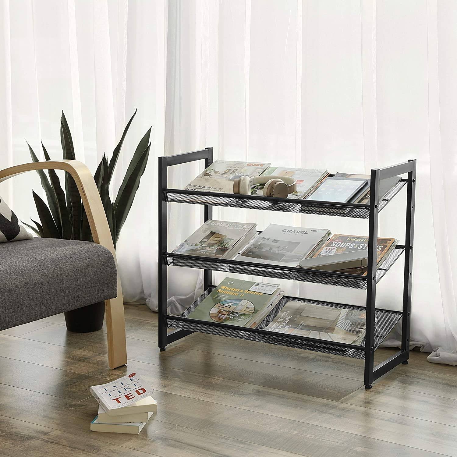Cipőtartó polc 3 szintes fém háló polcokkal, fekete 74x30x62cm-5