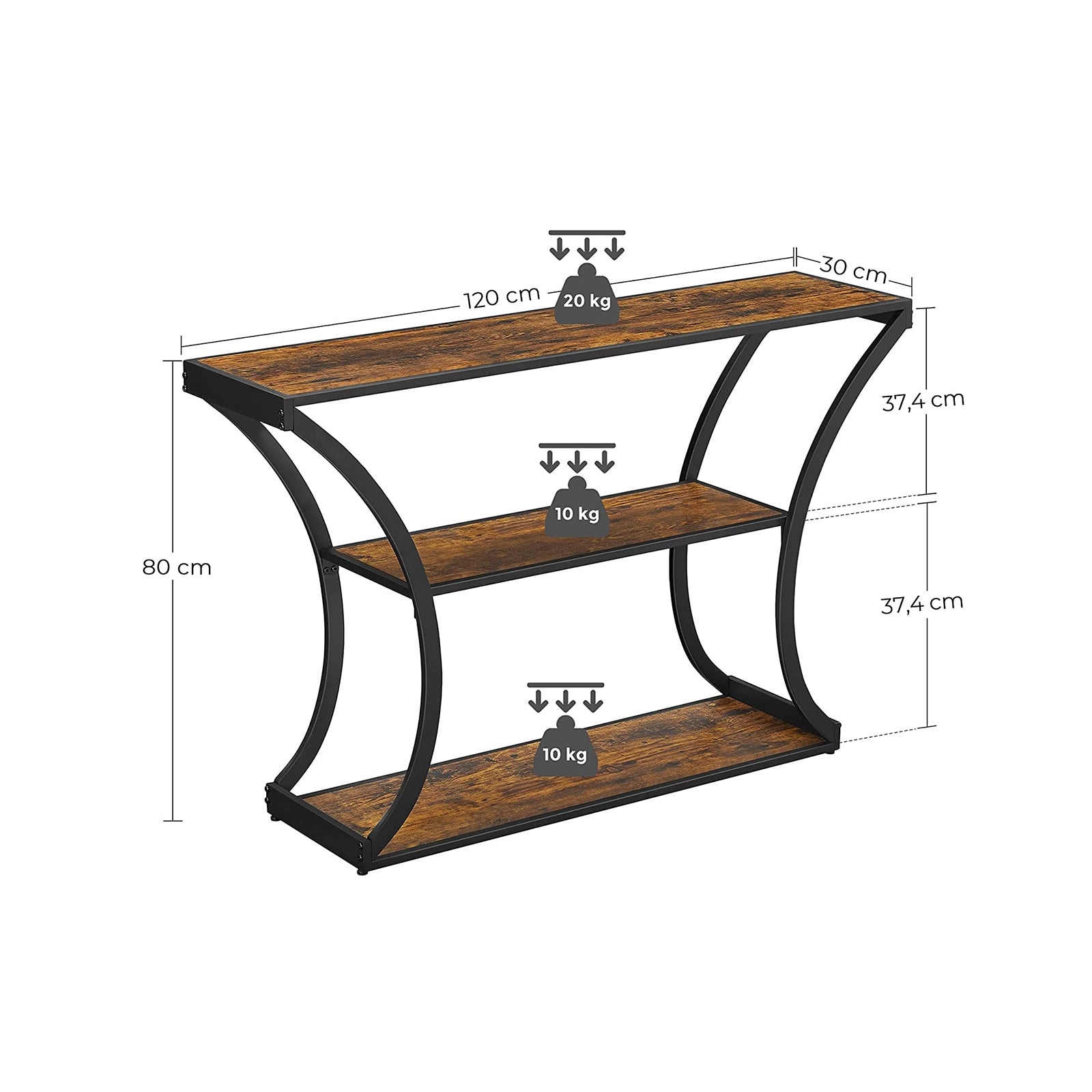 Konzolasztal polcokkal, rusztikus barna 120x30x80cm-6