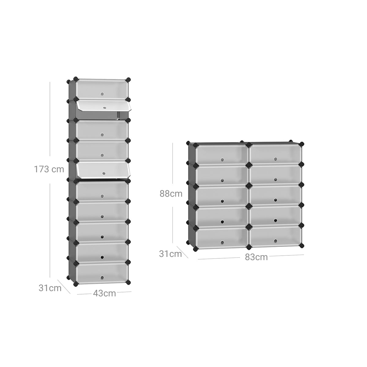 Cipőtároló doboz 10 db moduláris tárolódoboz, szürke 43x31x173cm-6