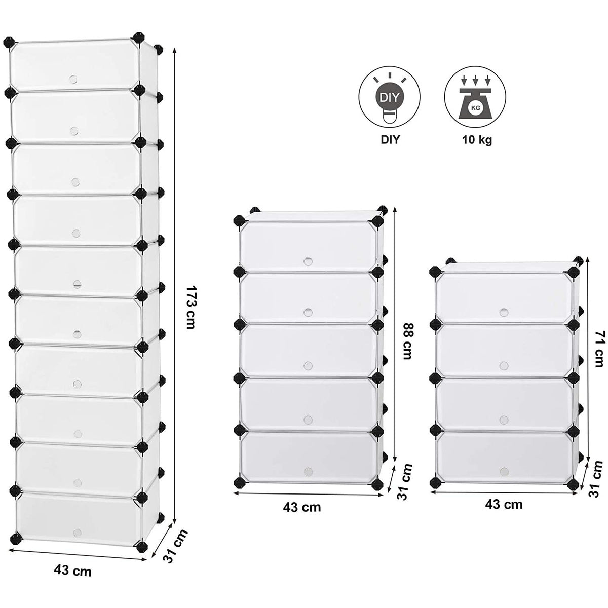 Cipőtároló doboz 10 db moduláris tárolódoboz, fehér 43x31x173cm-2