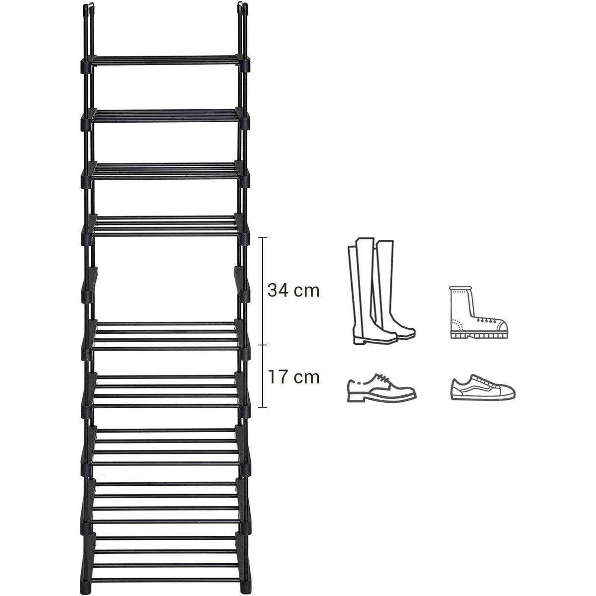 Cipőtartó polc 10 szintes fém vázzal, fekete 45x30x174cm-1