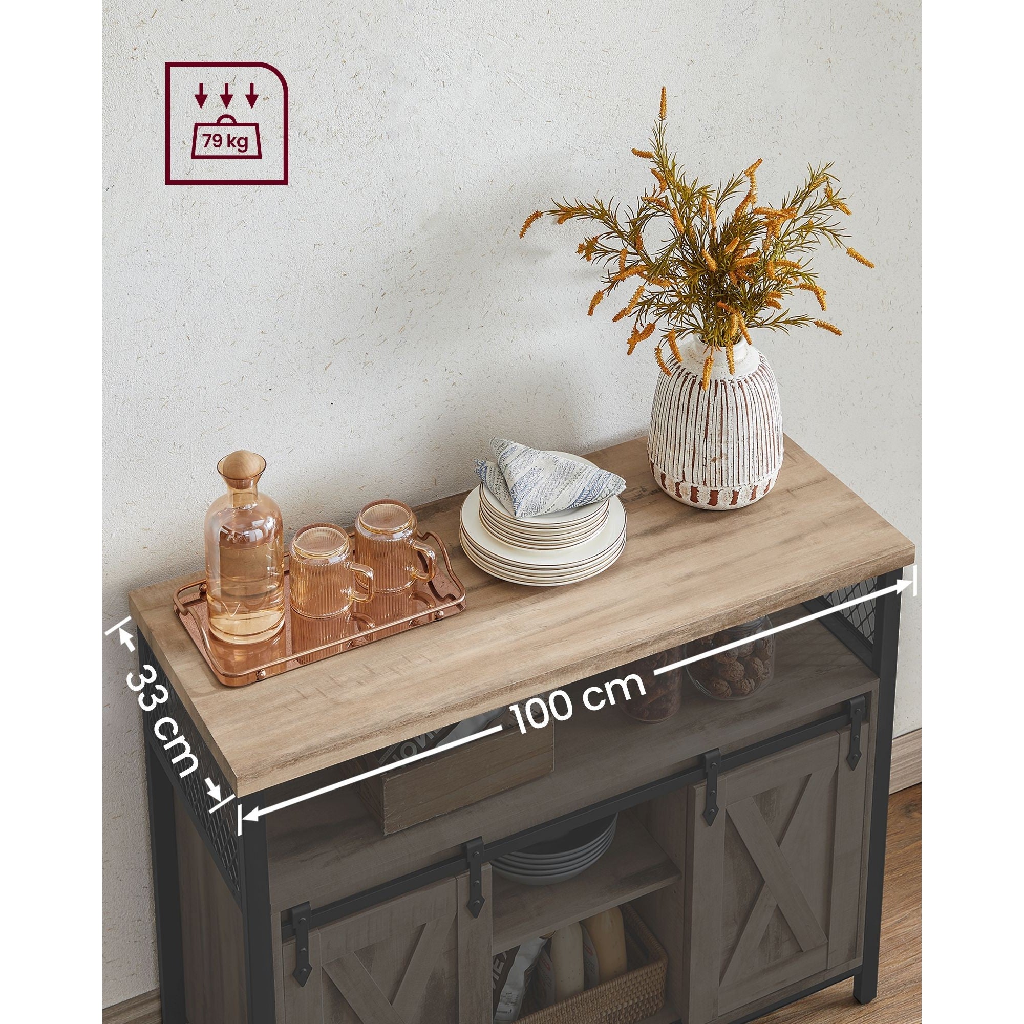 Komód elhúzható ajtókkal és nyitott polcokkal, homokbarna 100x33x80cm-6