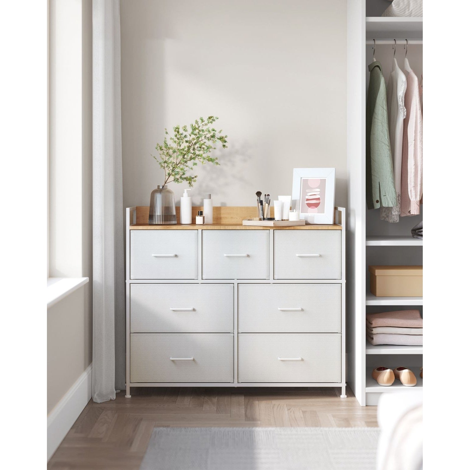 Tároló szekrény hét fiókkal, ruhás szekrény, natúr és fehér 98x28x85cm-7