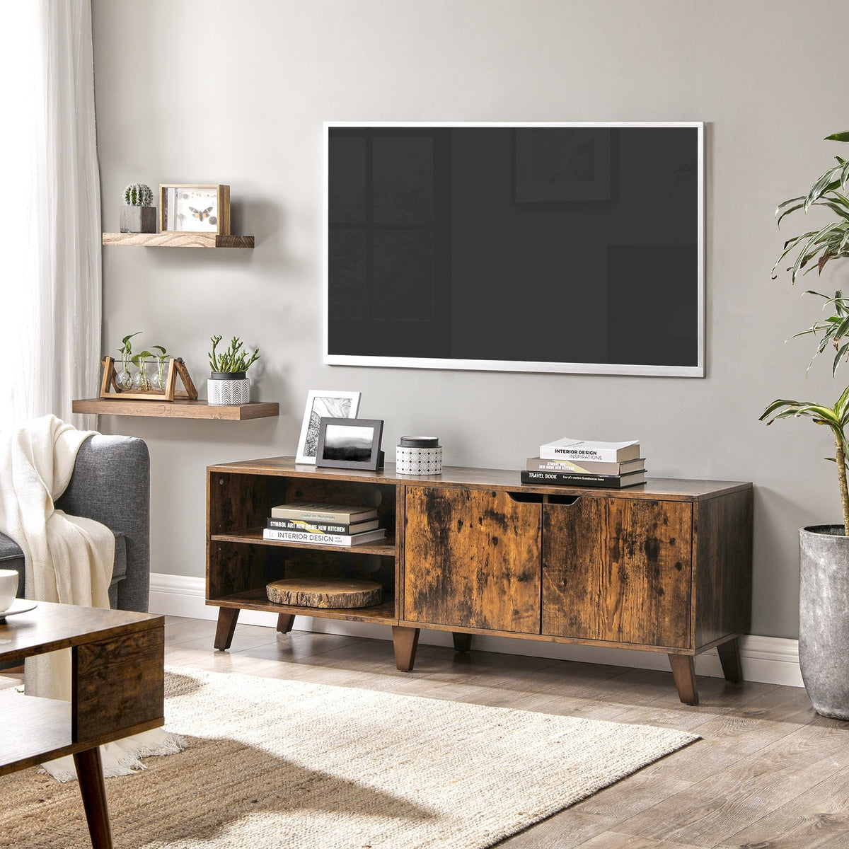 TV szekrény két ajtós, polcokkal, rusztikus barna 140x40x45cm-4