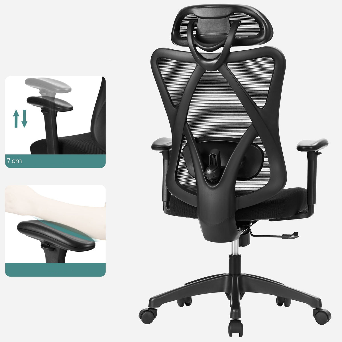 Irodai ergonomikus szék, állítható deréktámasszal és fejtámlával, fekete-4