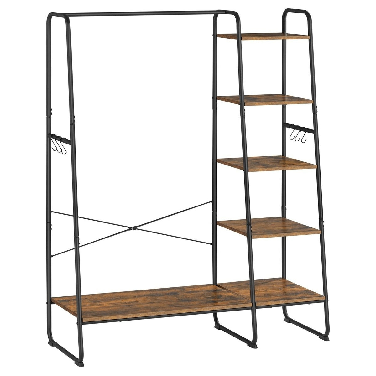 Ruhatároló, ruhaakasztó, 5 szintes polccal, 6 akasztóval, 45 x 120 x 160 cm, rusztikus barna-0