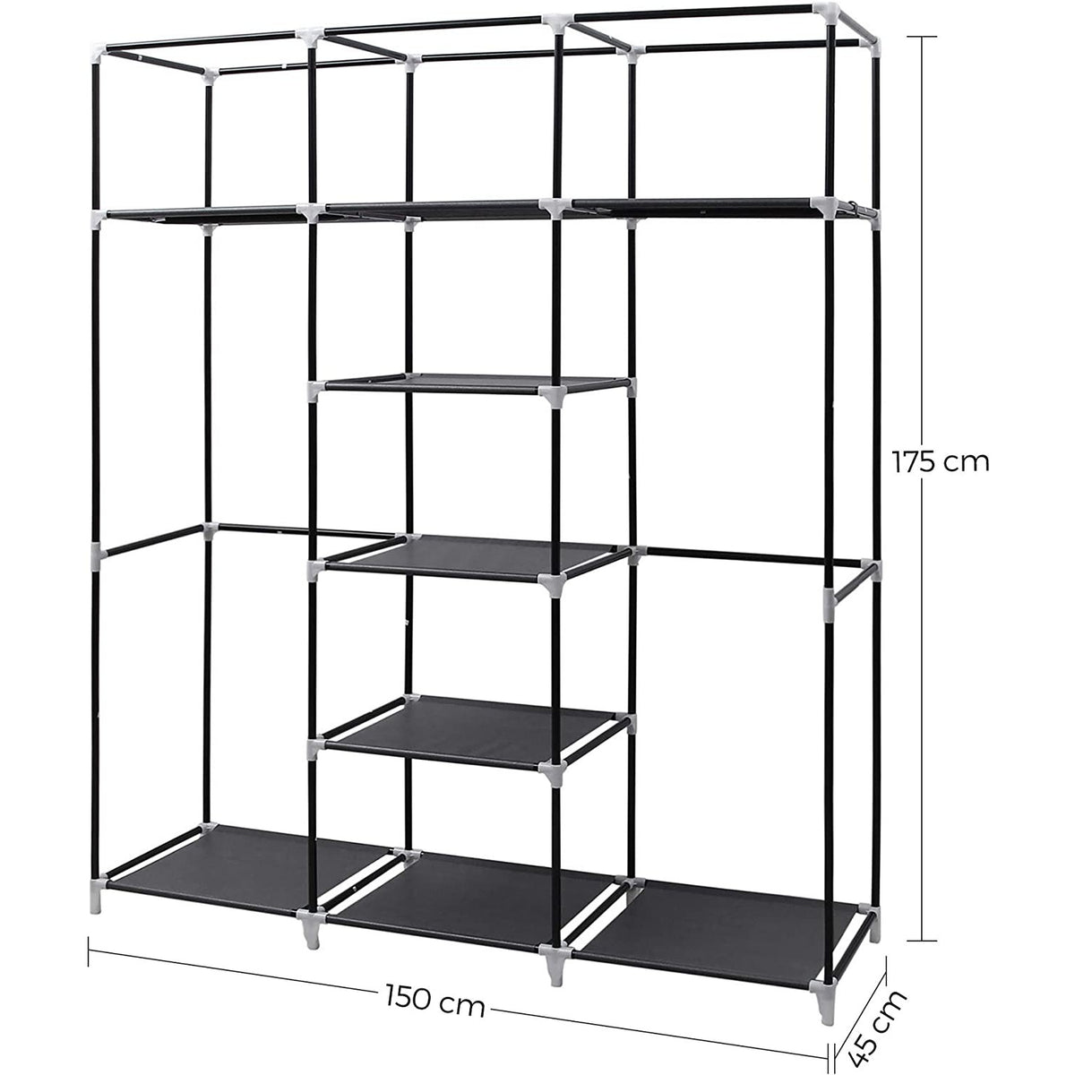 Szövet ruhatároló szekrény hordozható gardrób, fekete 175 x 150 x 45 cm-2