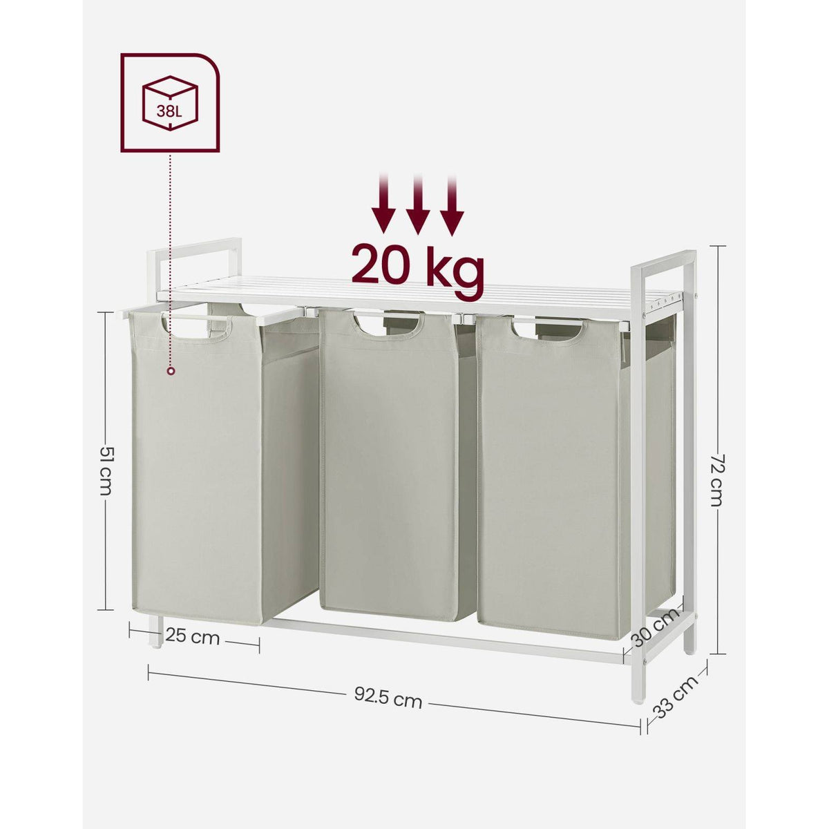 Szennyestartó, kihúzható és levehető ruhatartó zsákkal 3x38L, fehér-2