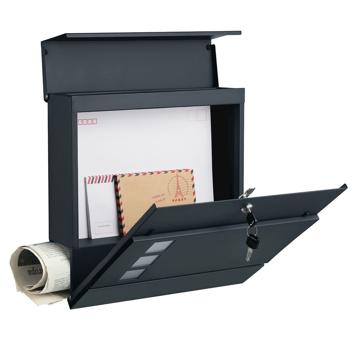 Zárható postaláda újságtartóval, falra, kerítésre szerelhető, antricit szürke-4