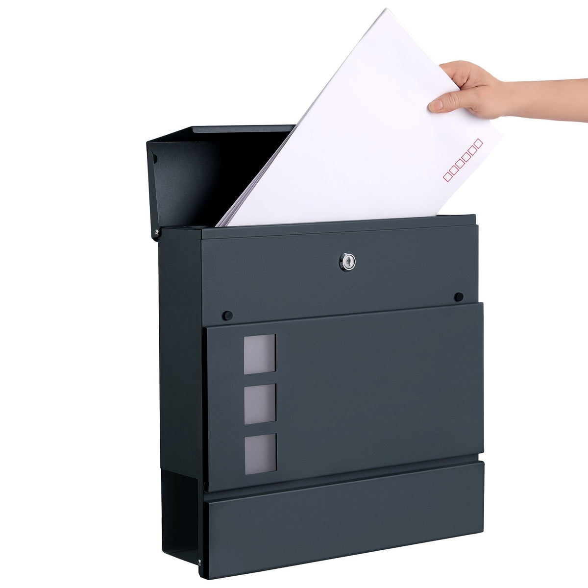 Zárható postaláda újságtartóval, falra, kerítésre szerelhető, antricit szürke-5