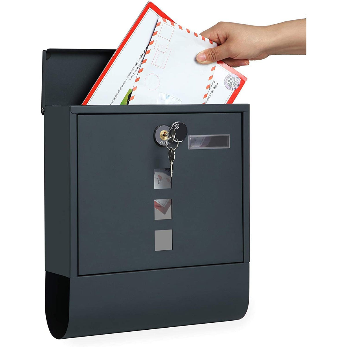 Zárható postaláda újságtartóval, névtáblával falra, kerítésre szerelhető, antricit szürke-1