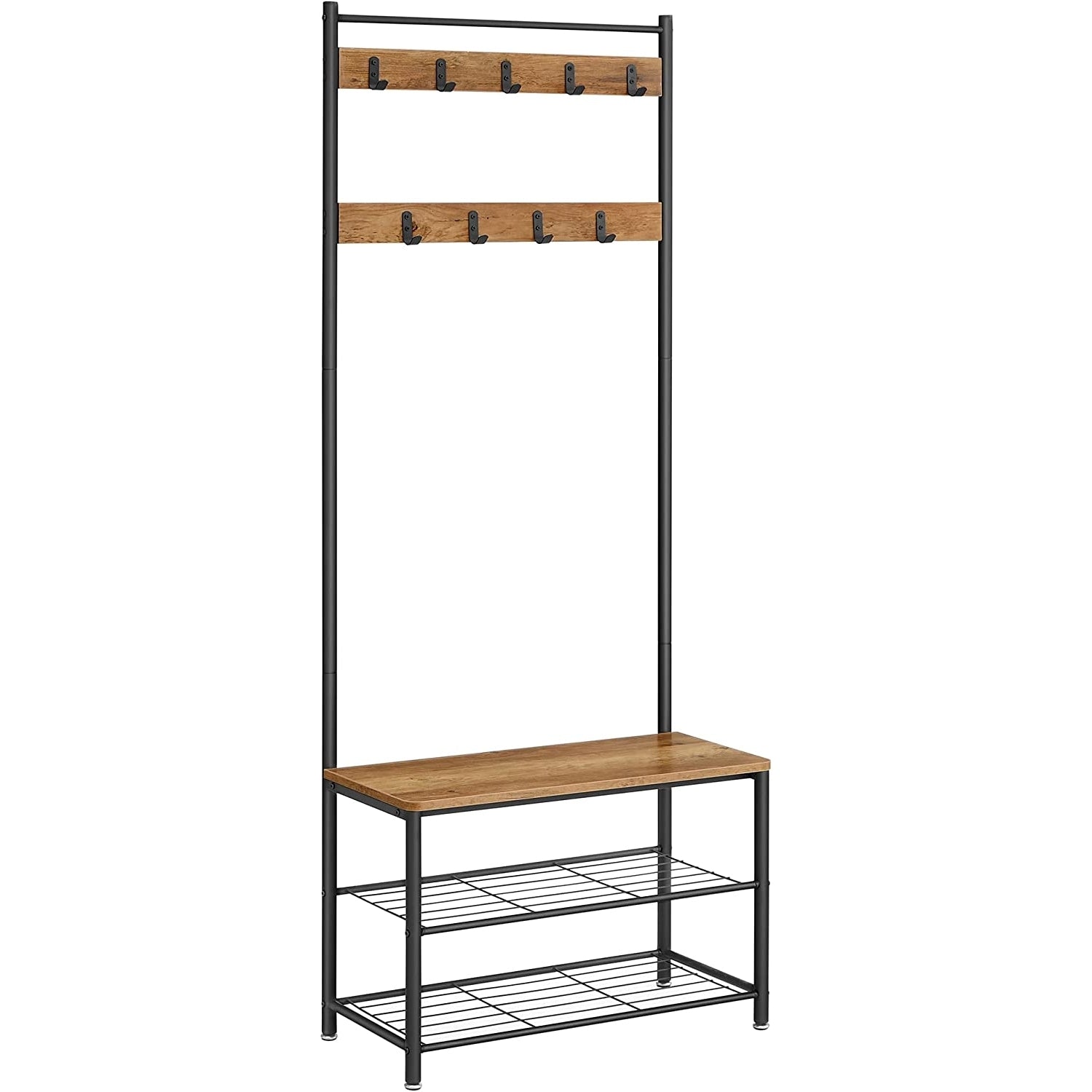 Előszoba fogas polccal, akasztókkal, cipőtartóval és ülőkével, rusztikus dió 70x32x175cm-0