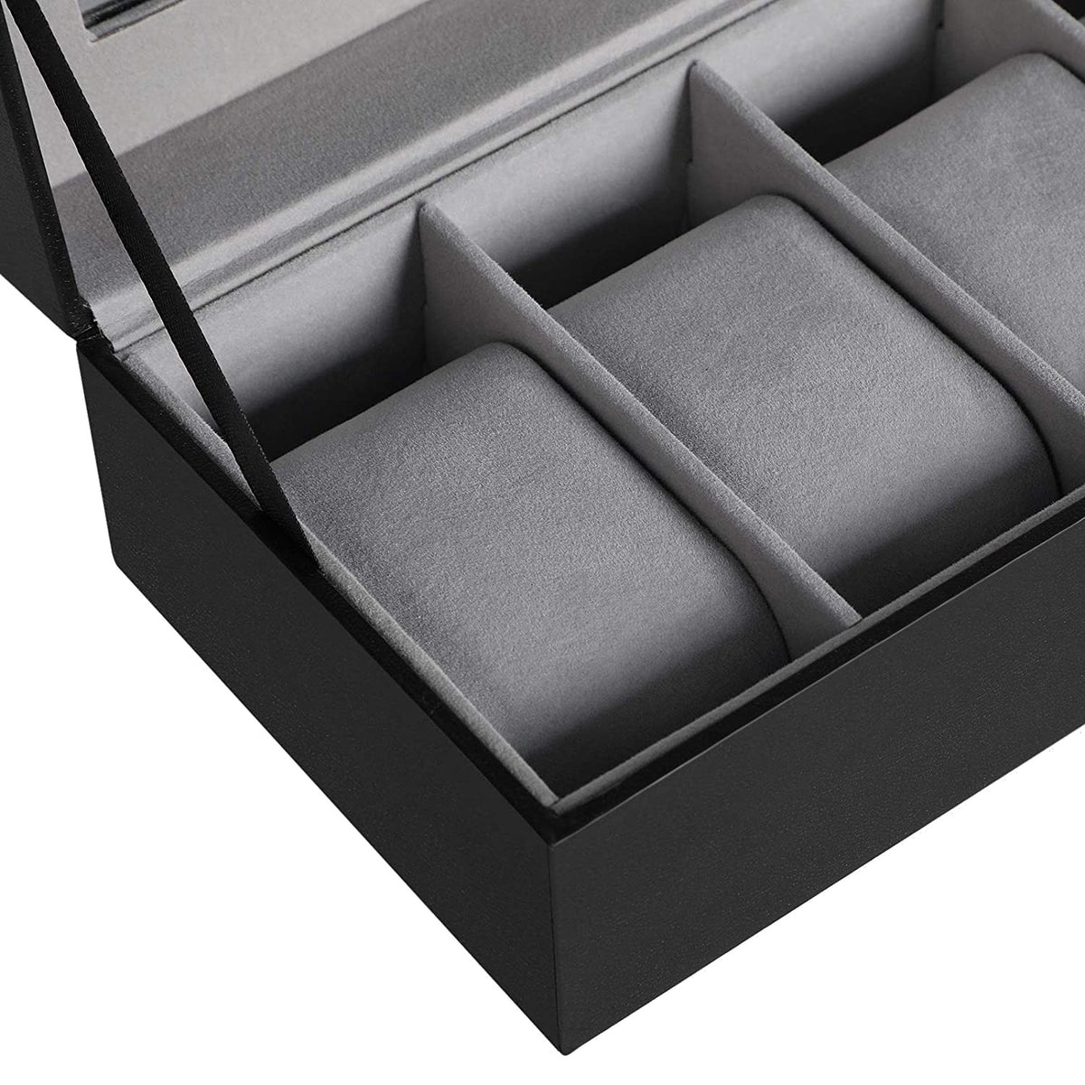 Műbőr óratároló doboz 6 rekesszel, üvegfedéllel, fekete 30x11x8cm-1