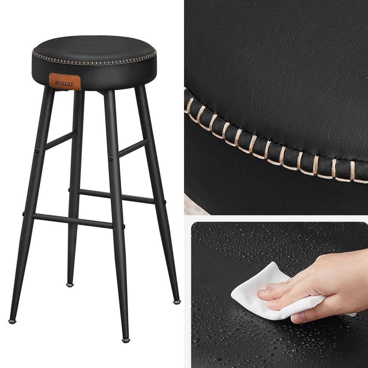 ECHO Bárszék 2 db, varrott műbőr borítás, fekete, 76 cm magas-7