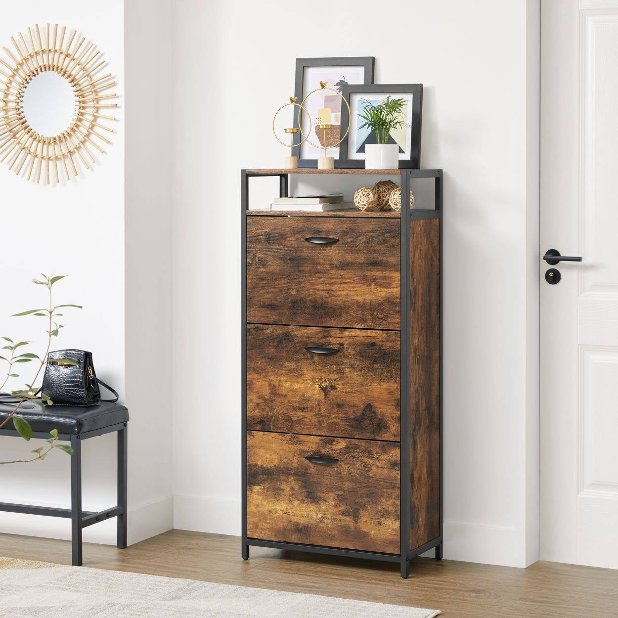 Cipős szekrény 3 ajtós 15-18 pár cipő tárolására, rusztikus barna 60x30x130cm-4