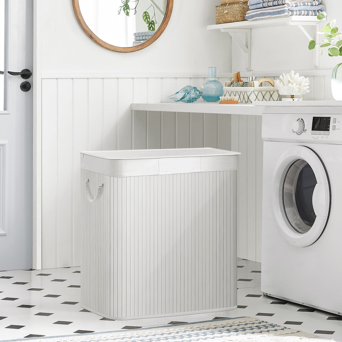 Bambusz kosár szennyestartó 3 rekeszes 3x50L, fehér-4