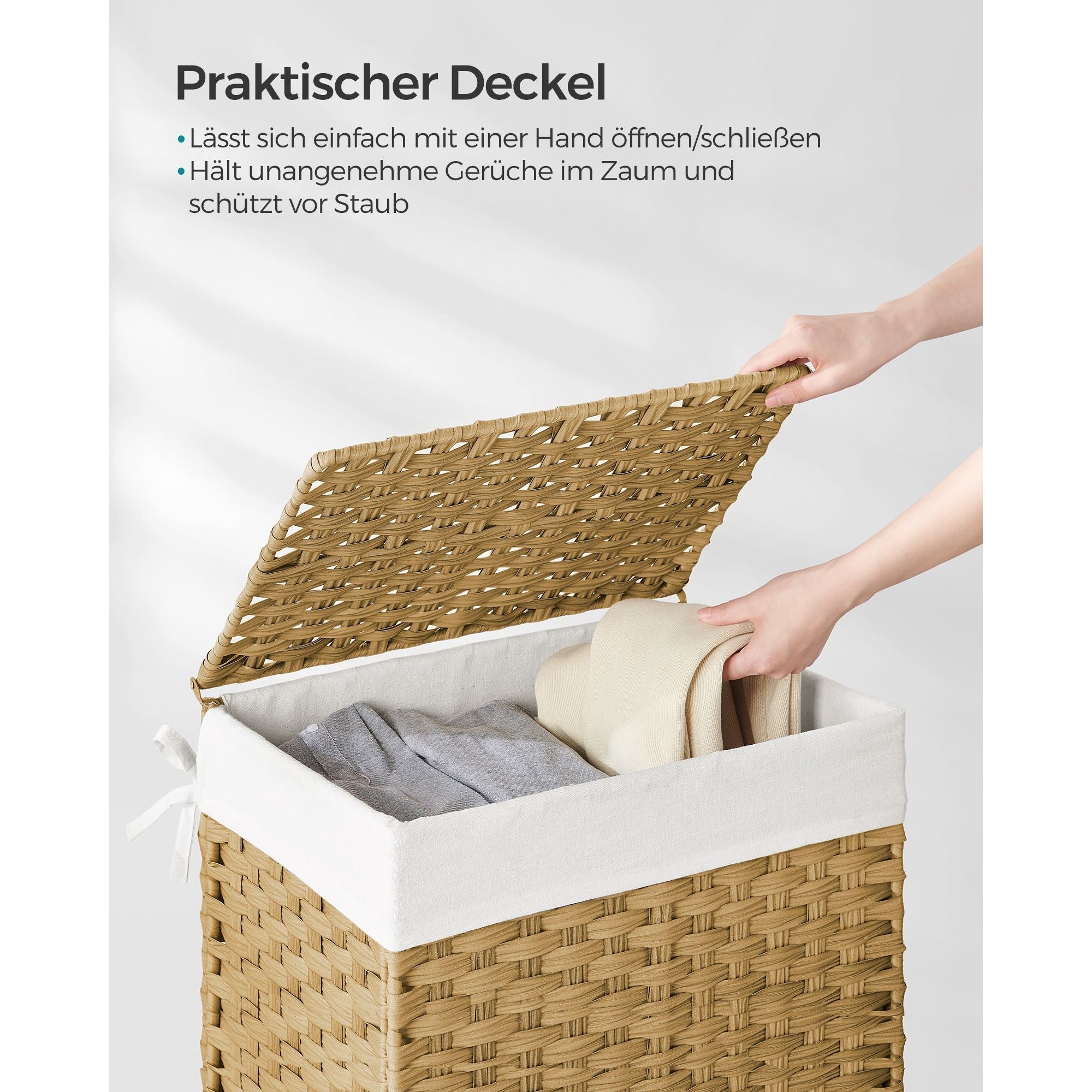 Kézzel fonott rattan szennyeskosár, összecsukható, kivehető zsákkal 90L, sárga-2