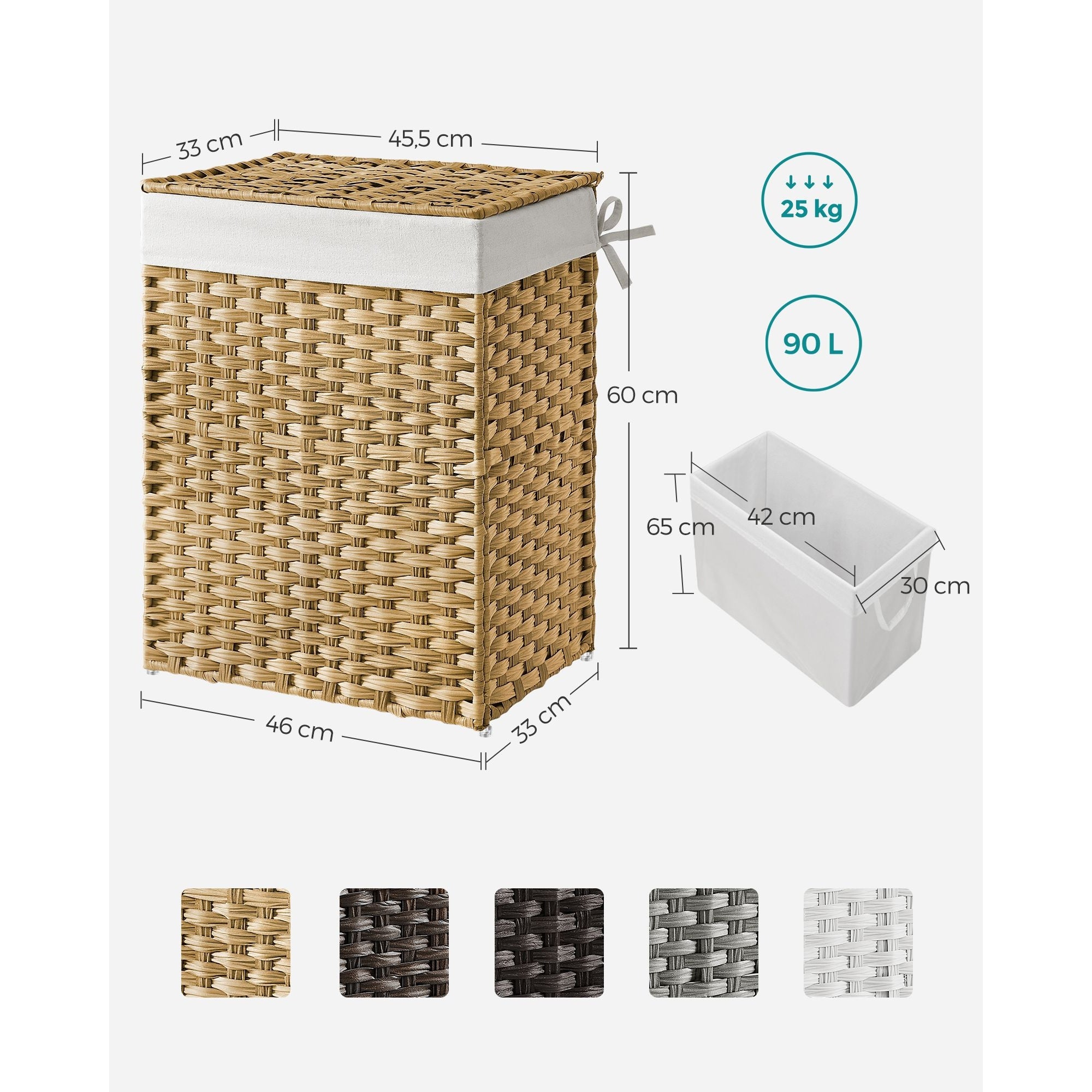 Kézzel fonott rattan szennyeskosár, összecsukható, kivehető zsákkal 90L, sárga-6