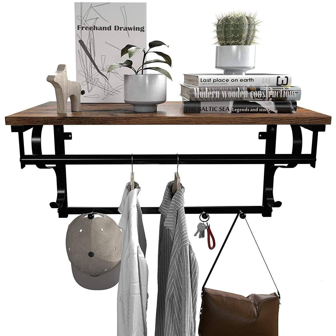 Fali polc akasztókkal, rusztikus barna 60x30x31cm-0