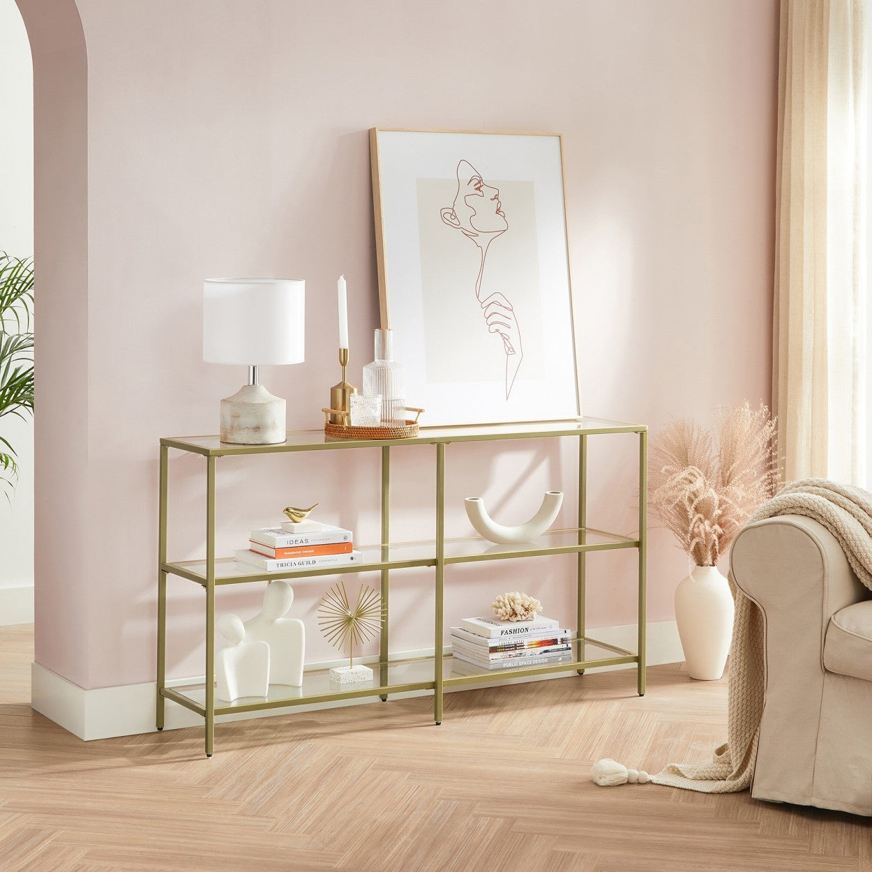 Konzolasztal polcokkal edzett üveglappal, arany 130x30x73cm-4