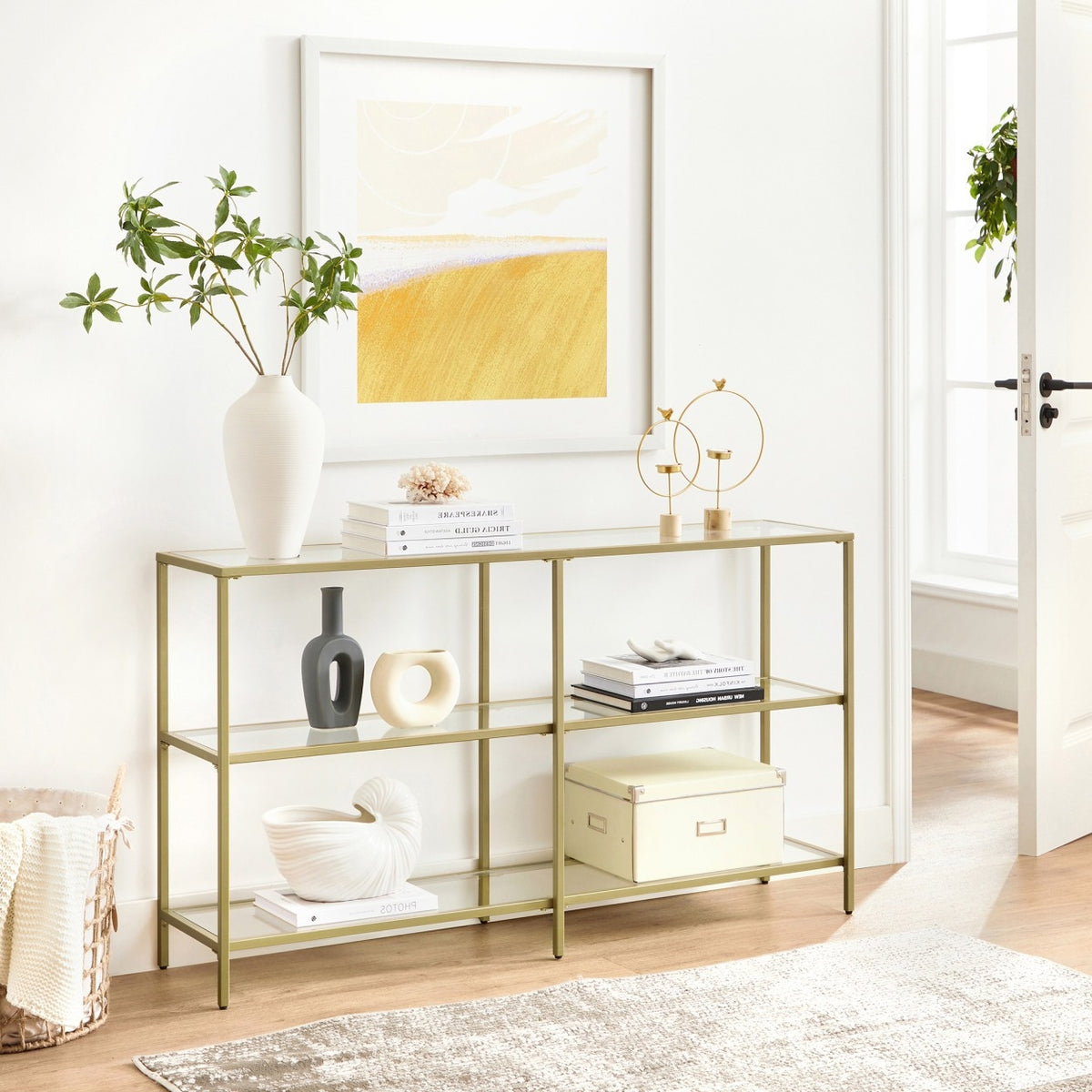 Konzolasztal polcokkal edzett üveglappal, arany 130x30x73cm-5