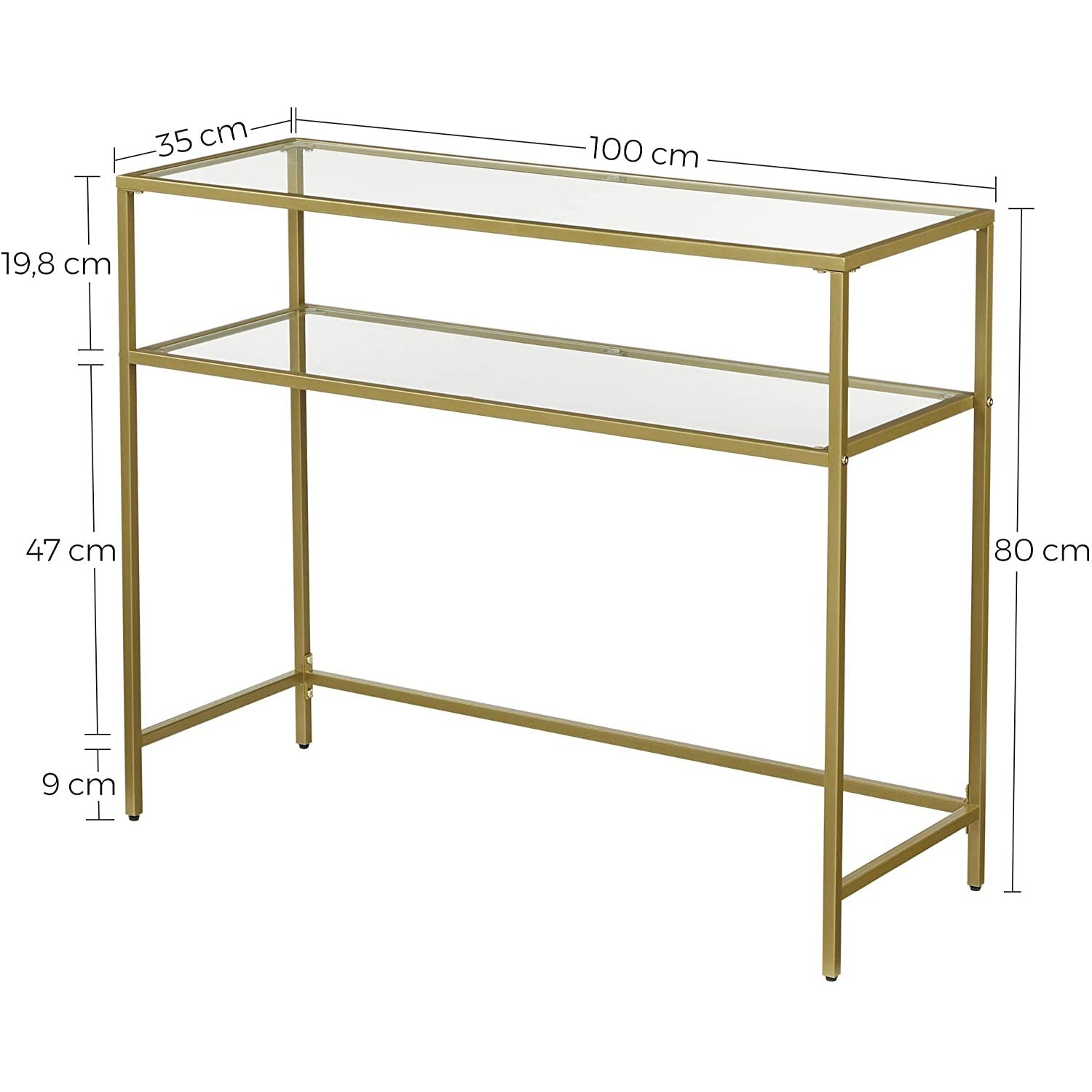Konzolasztal egy alsó polccal edzett üveglappal, arany 100x35x80cm-1