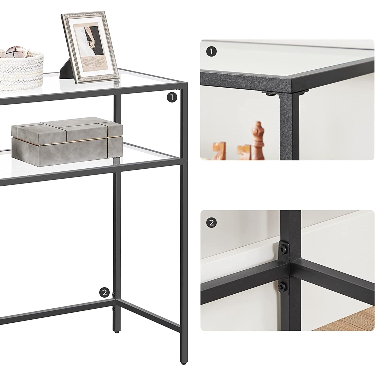 Konzolasztal polcokkal edzett üveglappal, fekete 100x80x35cm-3