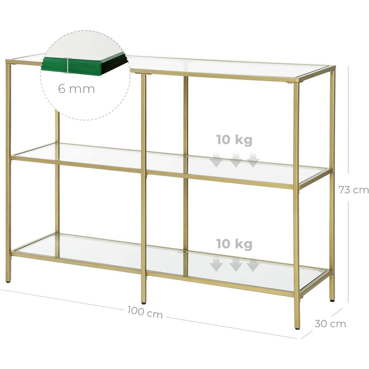 Konzolasztal polcokkal edzett üveglappal, arany 100x30x73cm-2