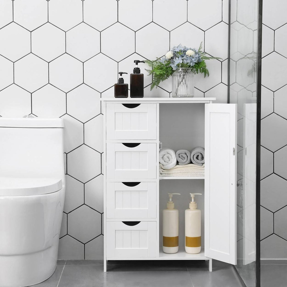 Fürdőszoba szekrény, 4 fiókkal 1 ajtóval, fehér 55x30x81cm-3