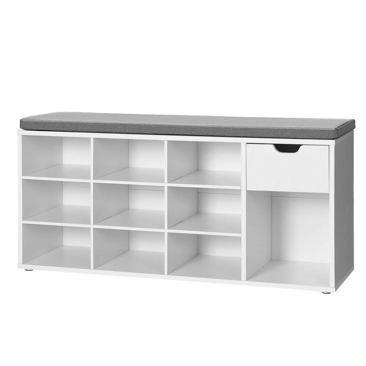 Cipőtároló pad, fiókkal és nyitott rekeszekkel, párnázott ülőfelülettel, fehér és szürke 104x30x48cm-7