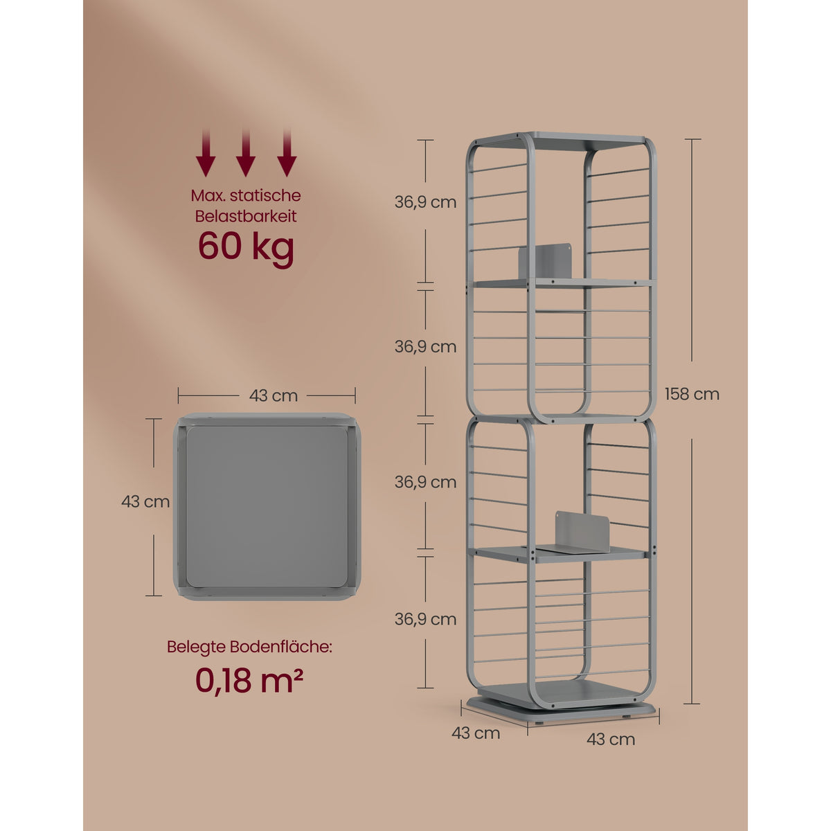 Könyvespolc, 360°-ban forgatható acél polc, 4 szintes, 43x43x158cm-6
