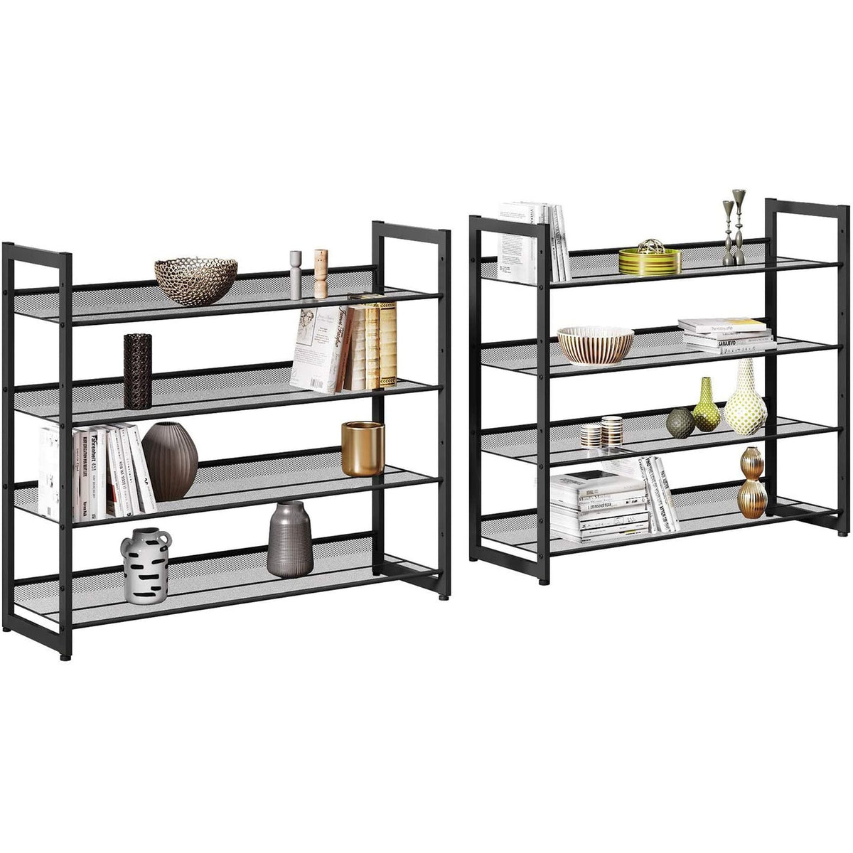 Cipőtartó polc 2x4 szintes fém háló polcokkal, fekete 92x30x163cm-4