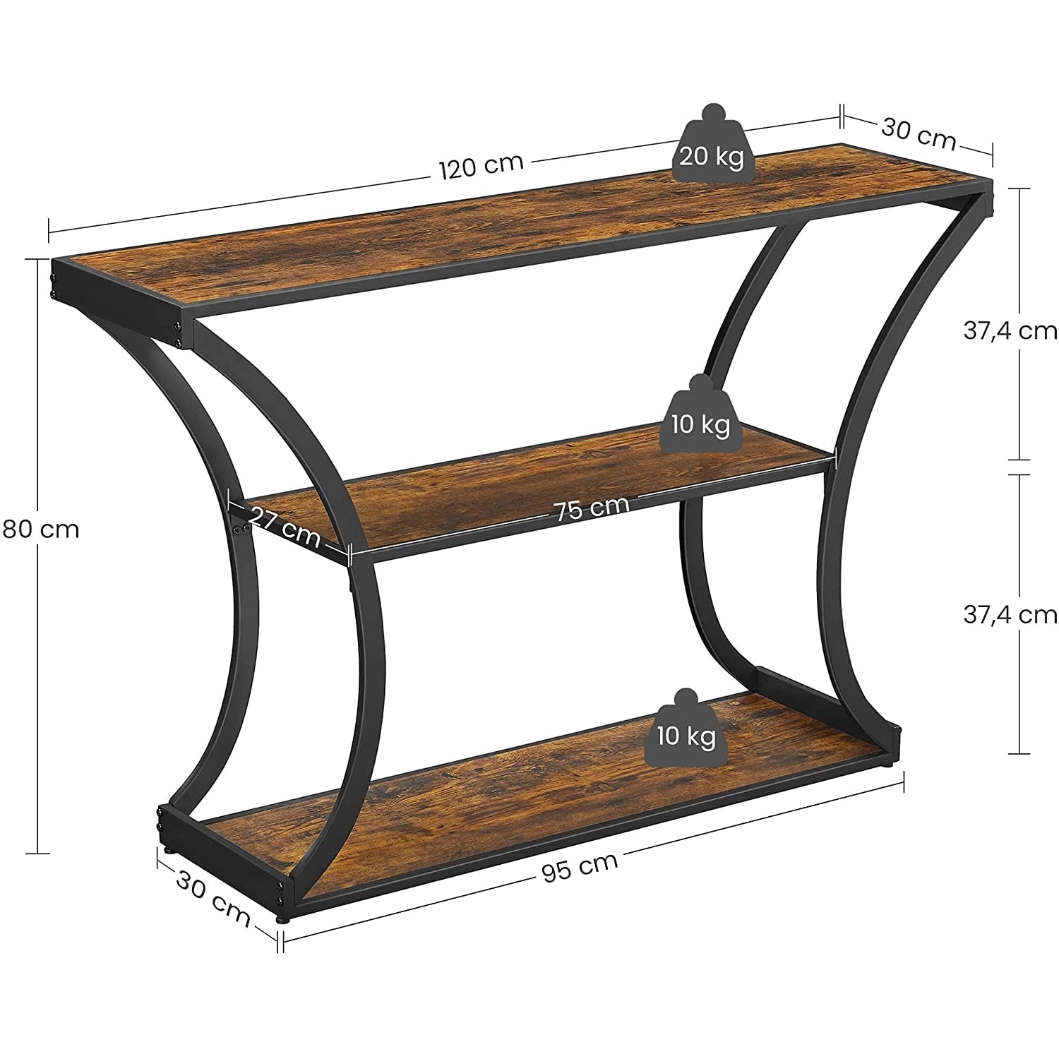 Konzolasztal polcokkal, rusztikus barna 120x30x80cm-2